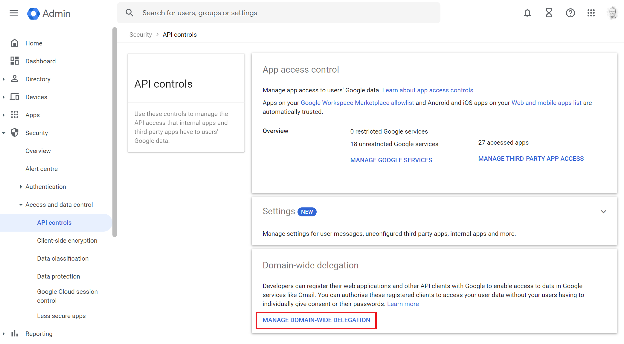 Manage Domain Wide Delegation screenshot